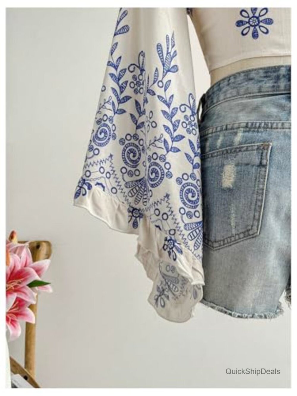 Boho Floral Wrap Top Women 70s Hippie Disco Country Concert Blouse V-Neck Bell - Picture 2 of 6